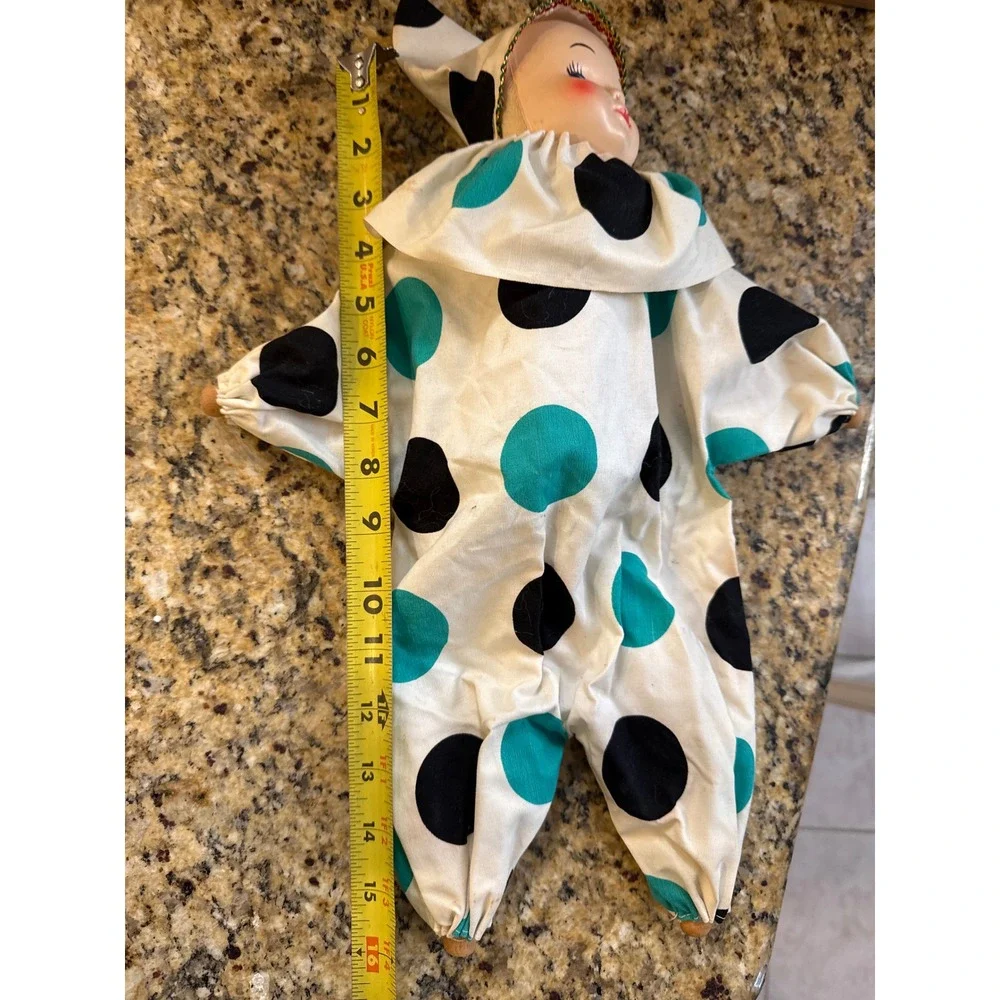 Vintage Clown Doll 16 Inch Teal Black Polka Dot Harlequin Wood Hands